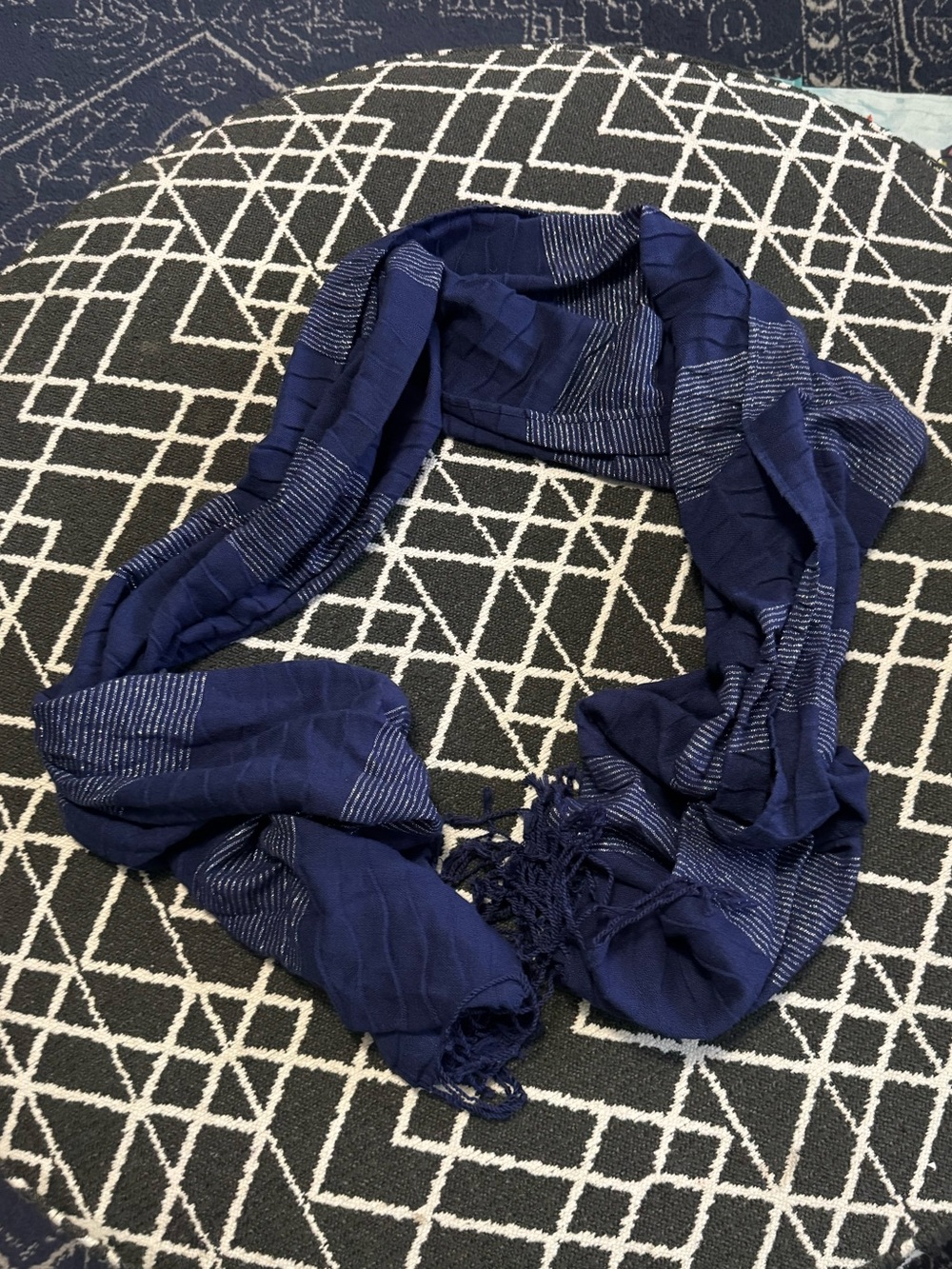 Navy Blue Silver Metallic Thread Lightweight Fringe Scarf Wrap Shawl